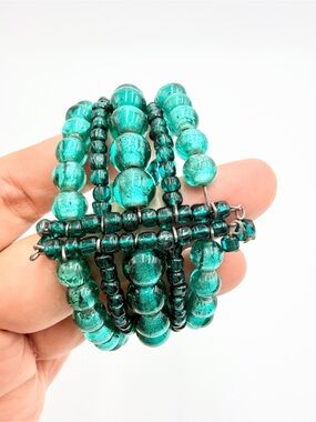 Vintage Teal Green Glass Beaded Multi-Strand Memory Wire Cuff Bracelet